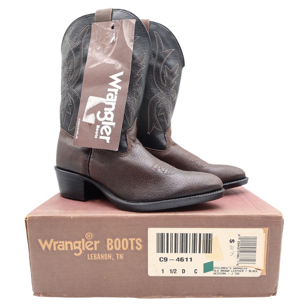 Wrangler Vintage Western Cowboy Boots Childrens 1.5 Brown Black Leather NWT